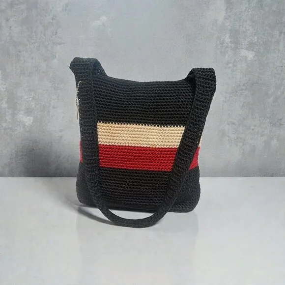 The Sak Hobo Shoulder Bag Black Red Beige Crocheted Crossbody Boho Grannycore - Picture 2 of 7